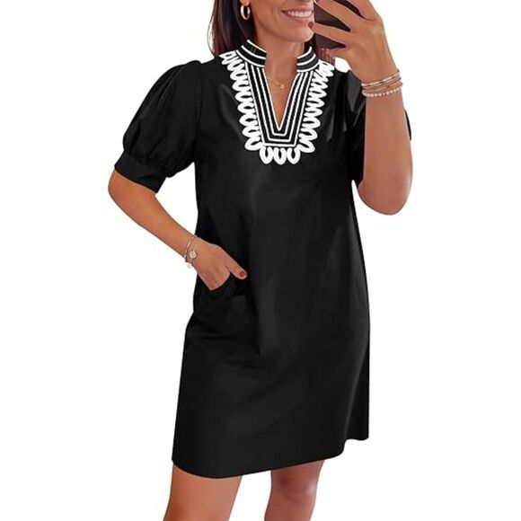 Dresses & Skirts - Women's Green V Neck A Line Short Sleeve A Line  Embroidered Boho Short Dress